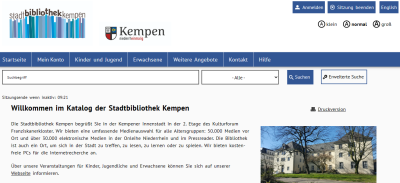 Ansicht Startseite des Bibliothekskataloges. Anmeldung über Mein Konto ©StadtbibliothekKempen