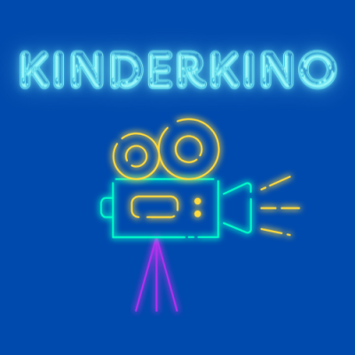 Schriftzug Kinderkino in leuchtenden Farben mit Filmkamera als Grafik