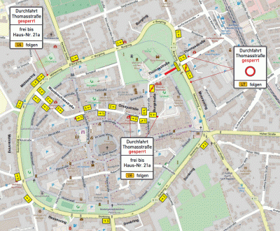 Stadtplan mit eingezeichneter Umleitung auf Grund der Baumaßnahme auf der Thomasstraße