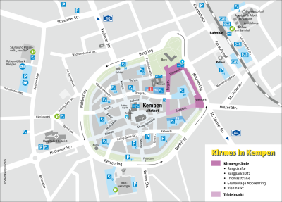 Stadtplan von Kempens Altstadt mit eingezeichnetem Kirmesgelände