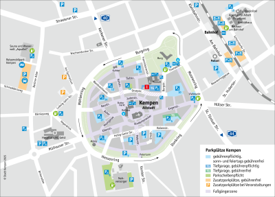 Kartenansicht mit verfügbaren Parkplätzen in der Altstadt von Kempen