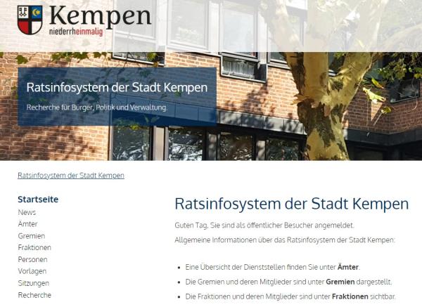 Screenshot der Startseite des Ratsinformationssystem der Stadt Kempen Screenshot der Startseite des Ratsinformationssystem der Stadt Kempen