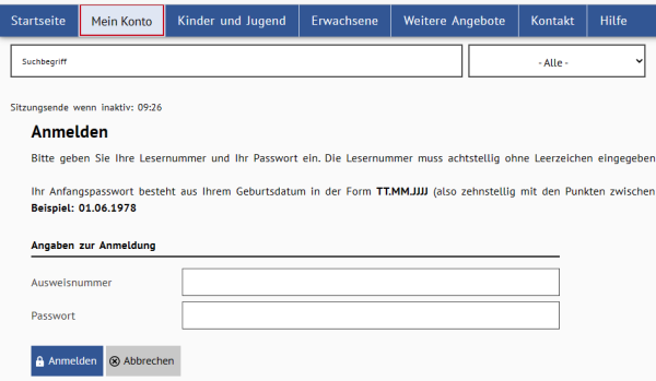 Anmeldebildschirm im Bibliothekskatalog © Stadtbibliothek Kempen Ansicht Anmeldebildschirm im Bibliothekskatalog