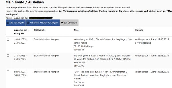Einzelne Medien, oder das Gesamtkonto können hier verlängert werden © Stadtbibliothek Kempen Bildschirmausschnitt mit Übersicht entliehener Medien mit Verlängerungsoption