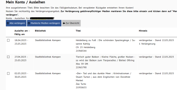 Bildschirmausschnitt mit Übersicht entliehener Medien mit Verlängerungsoption 