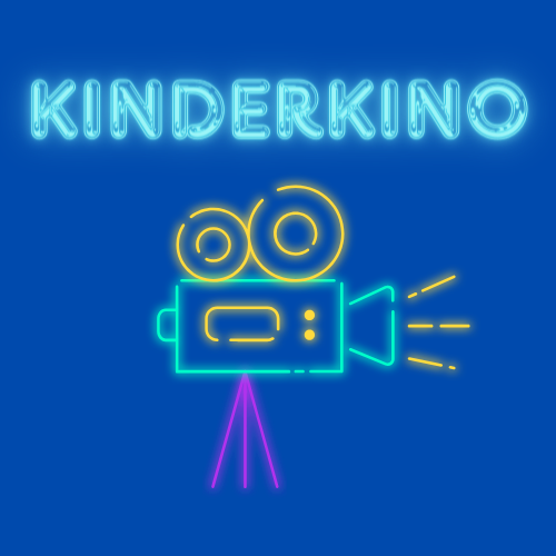 Logo Kinderkino in der Stadtbibliothek Schriftzug Kinderkino in leuchtenden Farben mit Filmkamera als Grafik