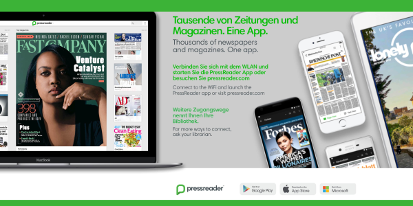 Downloadmöglichkeiten der pressreader-App gezeigt werden verschiedene mobile Endgeräte, worauf Beispiele von Zeitschriften zu sehen sind. Zusätzlich der Hinweis, wo die pressreader-App kostenlos heruntergeladen werden kann.