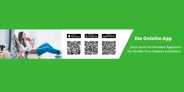 Downloadmöglichkeiten der Onleihe-App ©diviBib.com Gezeigt wird eine lesende Frau und drei QR-Codes mit Downloadmöglichkeiten für die Onleihe-App für elektronische Medien