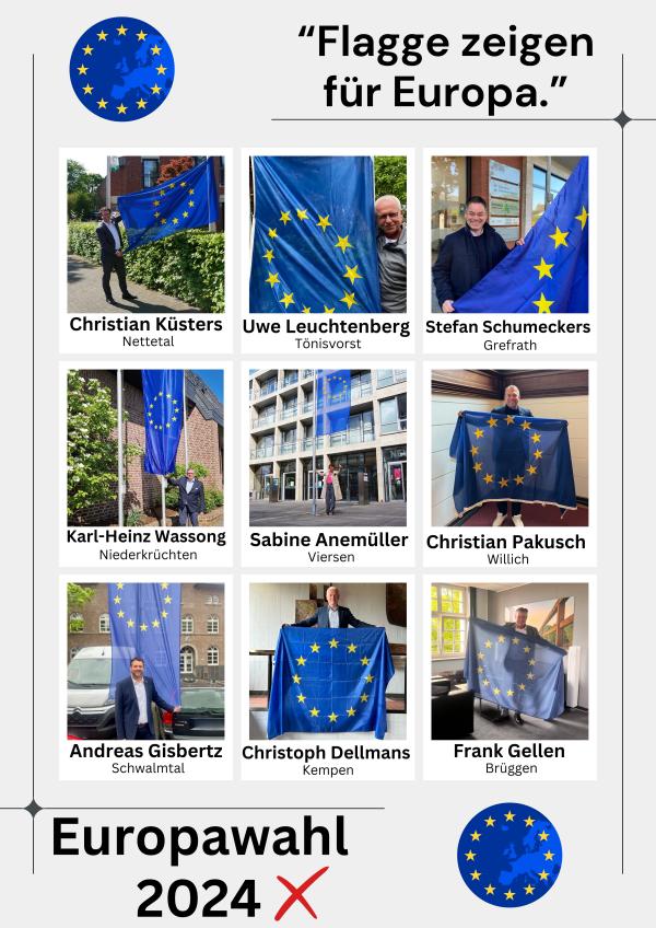 Europaflagge Bürgermeister Kreis Viersen 2024 Bürgermeister aus dem Kreis Viersen halten eine Europaflagge in der Hand