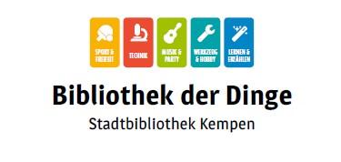 Logo Bibliothek der Dinge farbige Taben mit Piktogrammen zeigen die Kategorien der Bibliothek der Dinge. Zum Beispiel ein Instrument für Musik und Party.