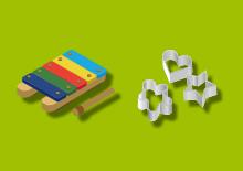 Kategorie Musik und Party aus der Bibliothek der Dinge/Stadtbibliothek Kempen Grafische Darstellung eines Musikinstruments und Plätzchenformen auf hellgrünem Untergrund