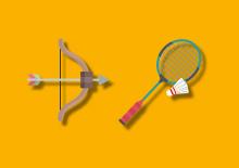 Kategorie Sport und Freizeit aus der Bibliothek der Dinge/Stadtbibliothek Kempen Grafische Darstellung eines Tennisschlägers und einer Holzarmbrust auf gelbem Untergrund