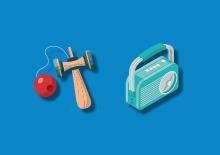 Kategorie Lernen und Erzählen aus der Bibliothek der Dinge/Stadtbibliothek Kempen Grafische Darstellung eines Kinderspielzeuges und eines Radios auf blauen Untergrund