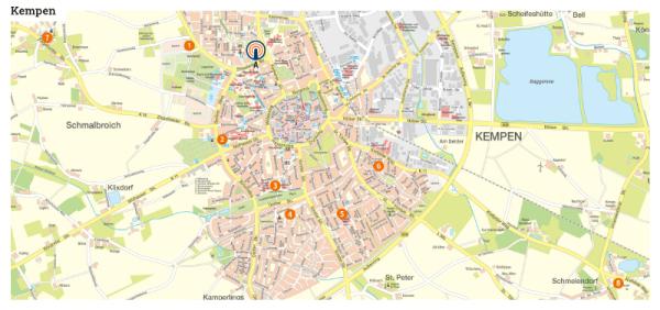 Karte mit eingezeichneten Standorten der Bevölkerungsschutz-Leuchttürme und Notfall-Infopoints in Kempen