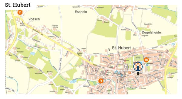 Karte mit eingezeichneten Standorten der Bevölkerungsschutz-Leuchttürme und Notfall-Infopoints in St. Hubert