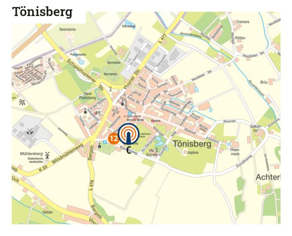 Karte mit eingezeichneten Standorten der Bevölkerungsschutz-Leuchttürme und Notfall-Infopoints inTönisberg
